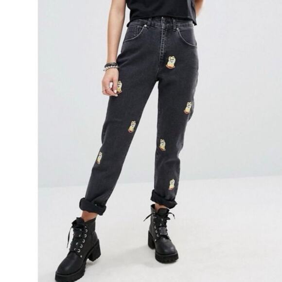 The Ragged Priest Lucky Cat Jeans Black Denim Size 24 Embroidered - Picture 1 of 10
